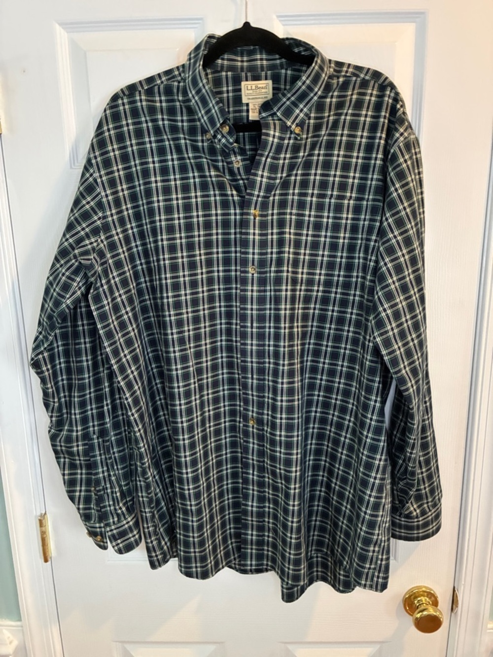 L.L. Bean Men’s Navy and Green Plaid Button-Down Shirt